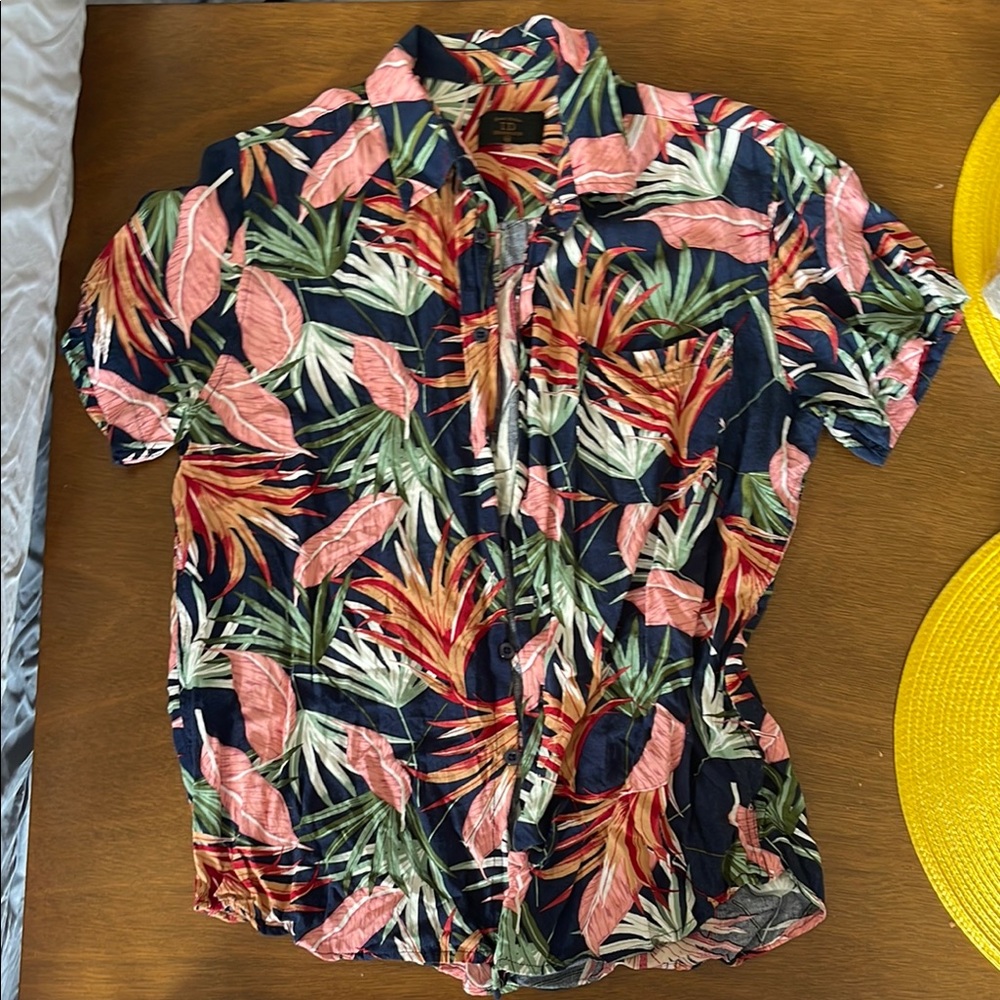 Pink and Green Casual Button Down Shirt with Tropical Design